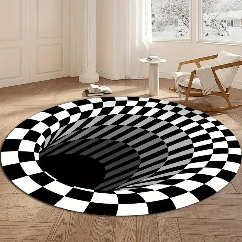 tapis rond carreaux illusion 3d moderne antidérapant salon chambre noir blanc