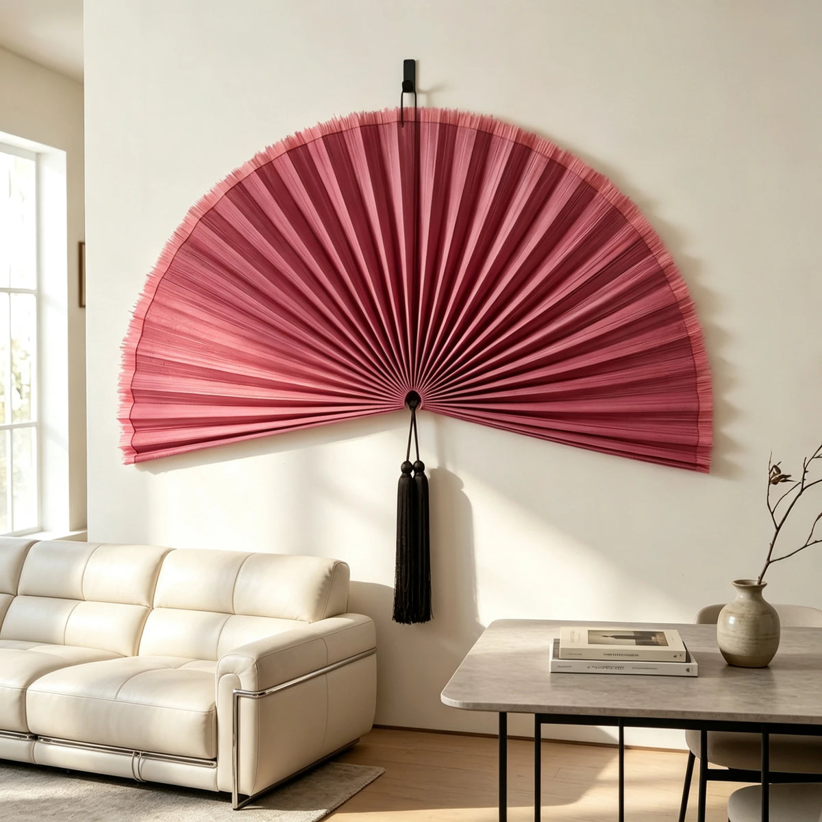 éventail mural rose rayures horizontales tassel noir crochet classique chambre salon decoration faite main