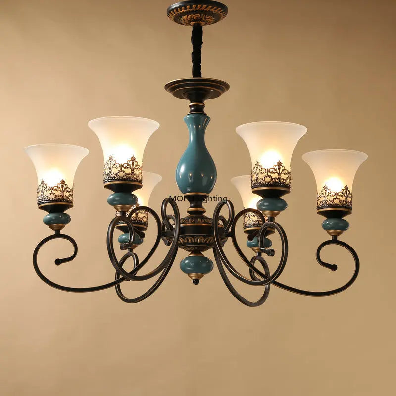 lustre suspendu classique céramique verre opalescent vintage motifs floraux dorés