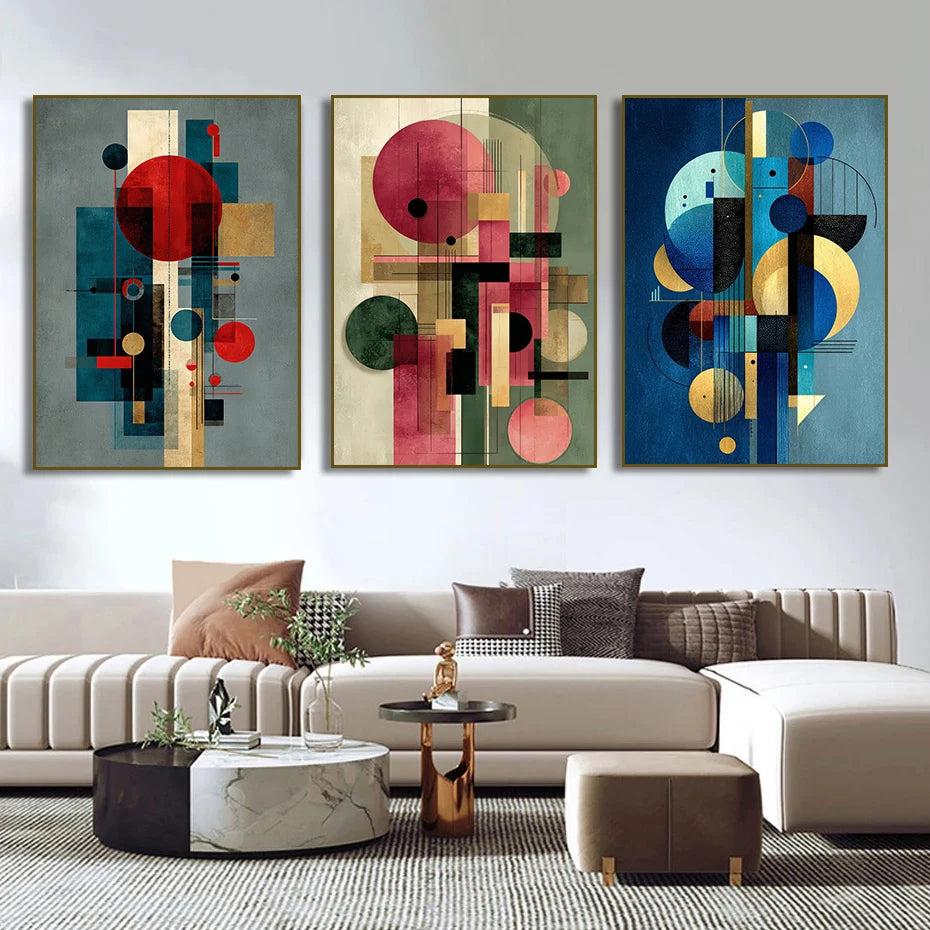 toile d'art abstrait moderne composition géométrique bleu rouge beige noir