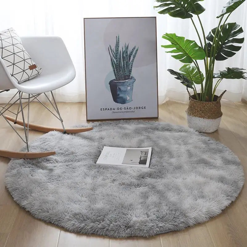tapis rond peluche douce polyester antidérapant moderne rose clair gris blanc chambre salon