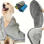 serviette bain chien chenille pattes imprimées grise bleue blanche confortable pratique