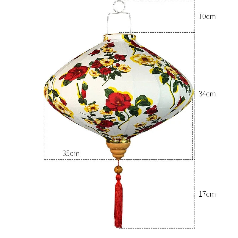 lanterne japonaise traditionnelle rouge fleurs décorative artisanale pompon bois suspendue