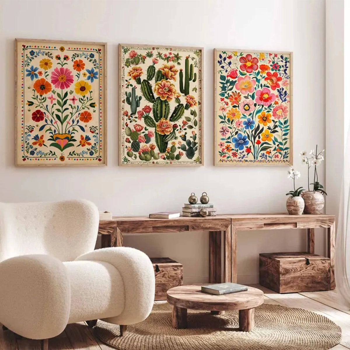 affiches murales multicolores motifs fleurs cactus artisanal clips fixation salon chambre coucher