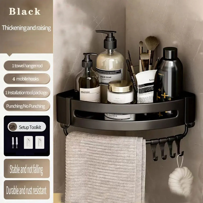 étagère murale triangulaire salle bain gris métal crochets rangement douche moderne autocollante