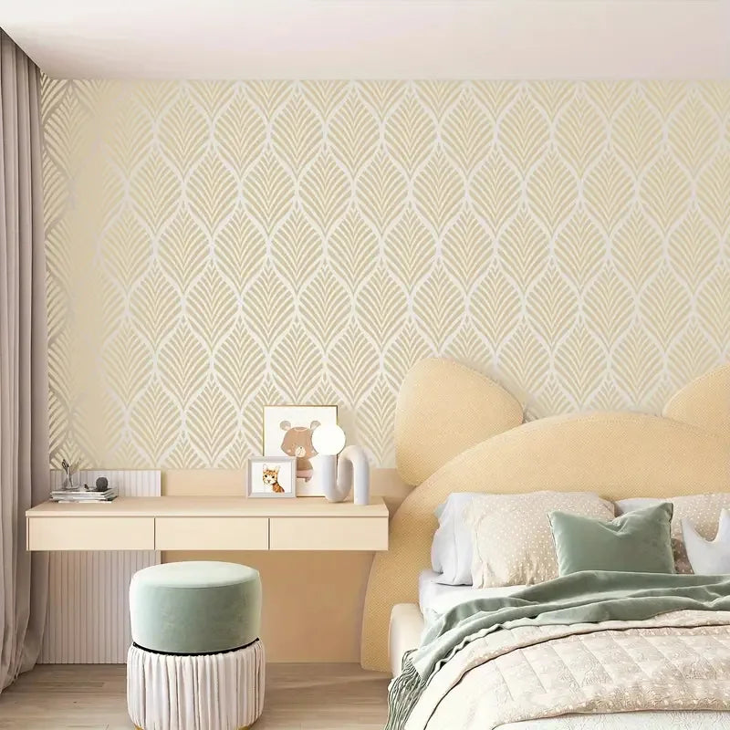 feuilles stylisées stencil blanc brun art deco peinture murale projet artisanal texture opaqueduocircle