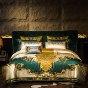 ensemble literie satin vert doré motifs baroques couverture taies oreiller taille 180x200 cm