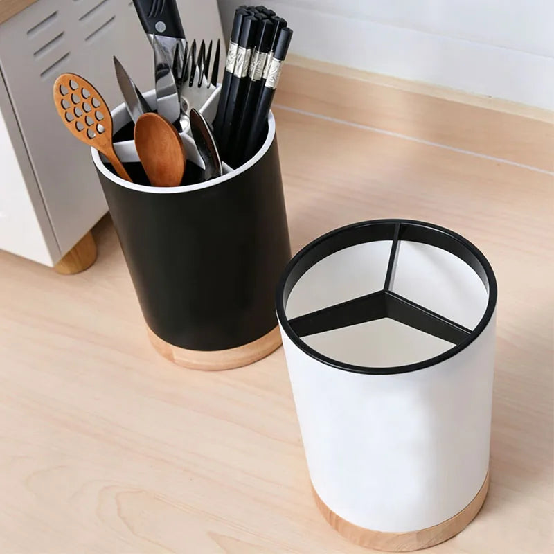 porte ustensiles cuisine blanc noir moderne minimaliste rangement vaisselle spatules cuillères fourchettes bois naturel