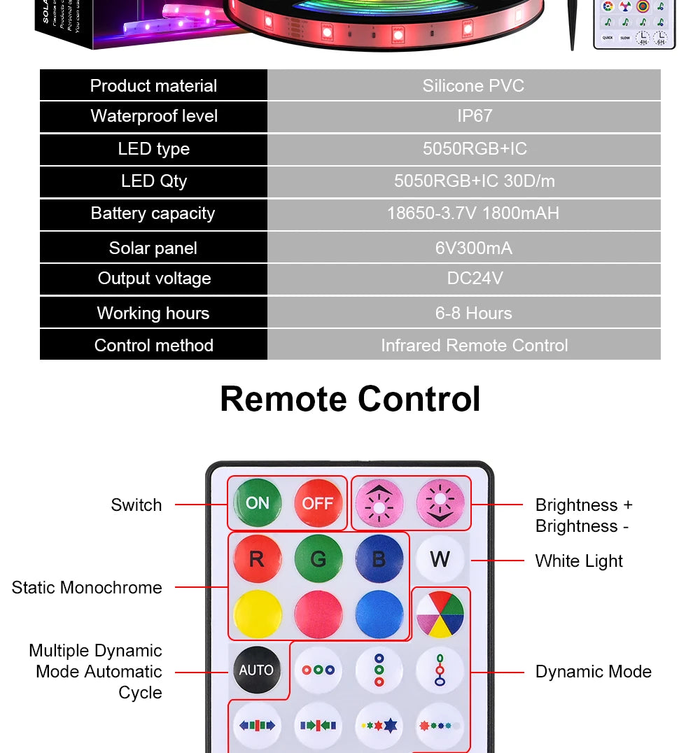 guirlande led solaire 10m rgb télécommande ip67 étanche extérieur piscine moderne