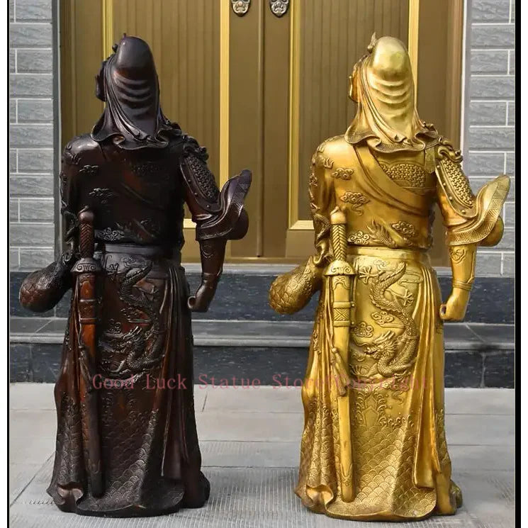 statues brunes dorées feng shui personnages militaires armes traditionnelles chinoises
