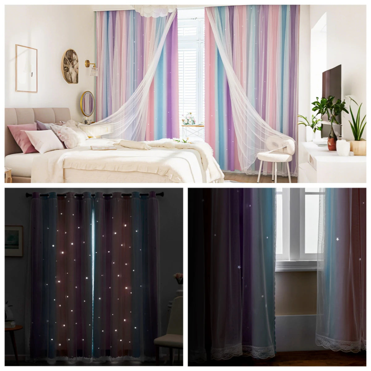 rideaux violet rose bleu clair étoiles rayures horizontales transparents anneaux métalliques moderne chambre fenêtre