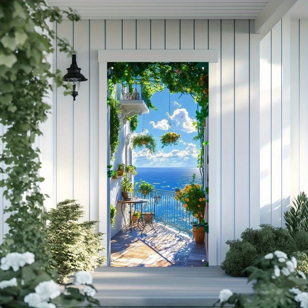 rideau porte paysage méditerranéen vinyle texturé fleurs balustrade rustique 90x180cm decoration murale