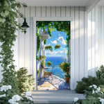 rideau porte paysage méditerranéen vinyle texturé fleurs balustrade rustique 90x180cm decoration murale
