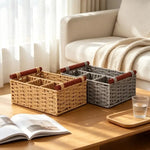 boîtes rangement tressées marron gris bohème poignées bois compartiments décoration chambre