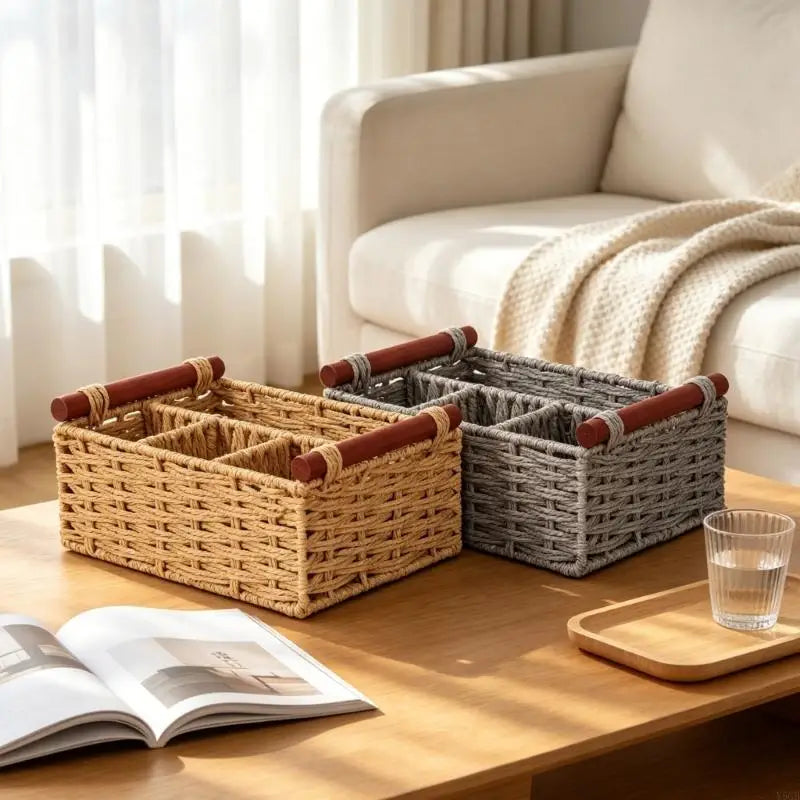 boîtes rangement tressées marron gris bohème poignées bois compartiments décoration chambre