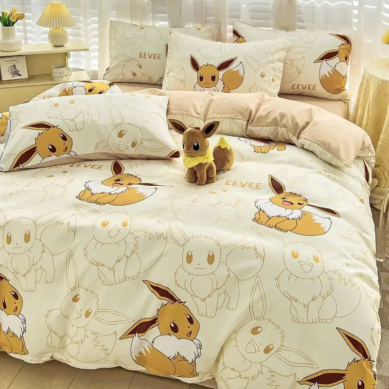 housse couette coton cartoon eevee charizard pikachu oreillers taies d'oreiller ensemble lit enfants motifs