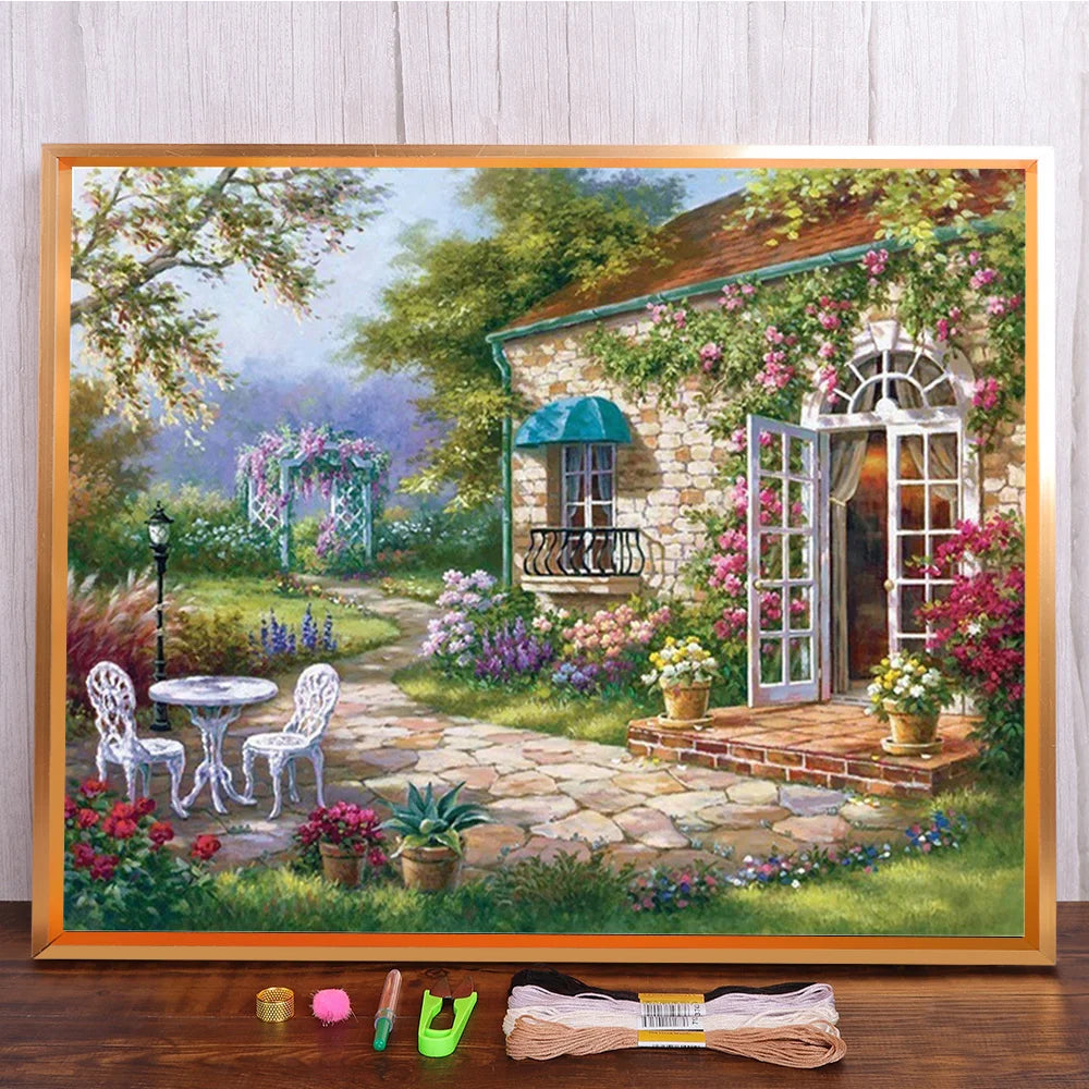 broderie paysage fleurs feuilles multicolore artisanal toile coton fil aiguille guide couleurs échantillons