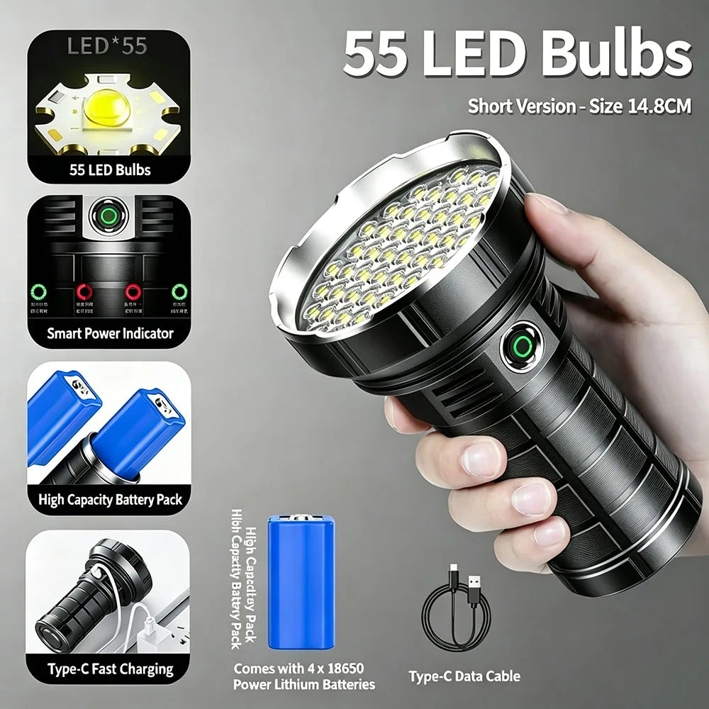 lampe torche rechargeable led noire robuste camping outdoor 55led 50w