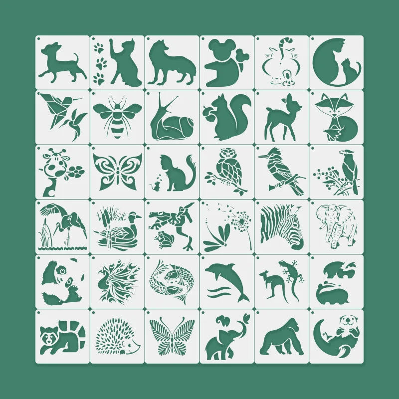 stencils animaux stylisés vert minimaliste adhésifs 10cm set décoration peinture mur chambre enfants