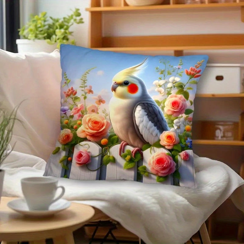 taies d'oreiller décoratives imprimées floral motifs fleurs oiseaux polyester vert clair blanc zip 45x45cm