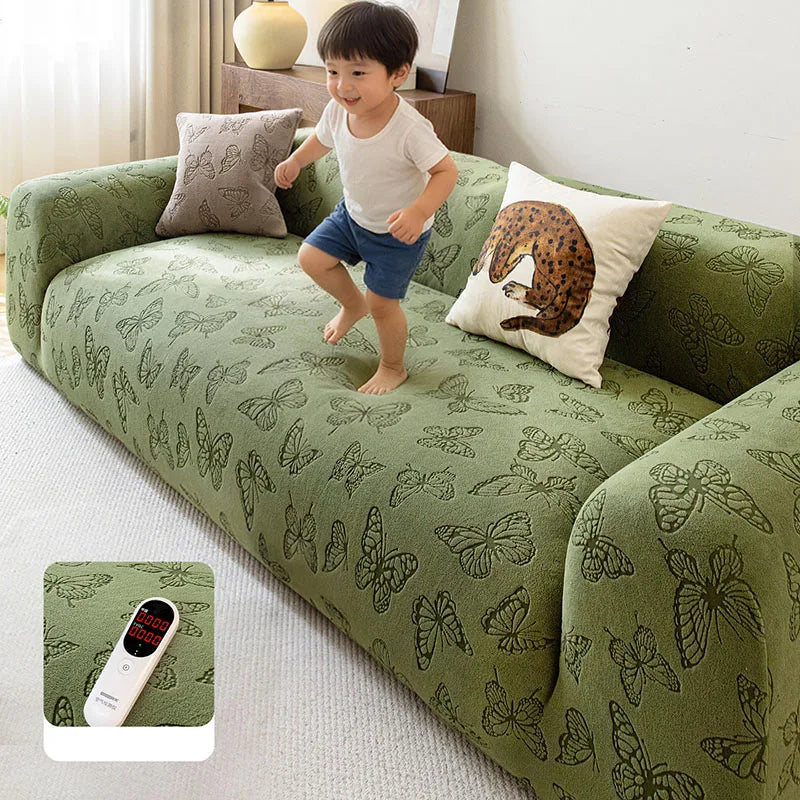Housse canapé vert olive papillons brodés moderne adhésif léopard beige tasse