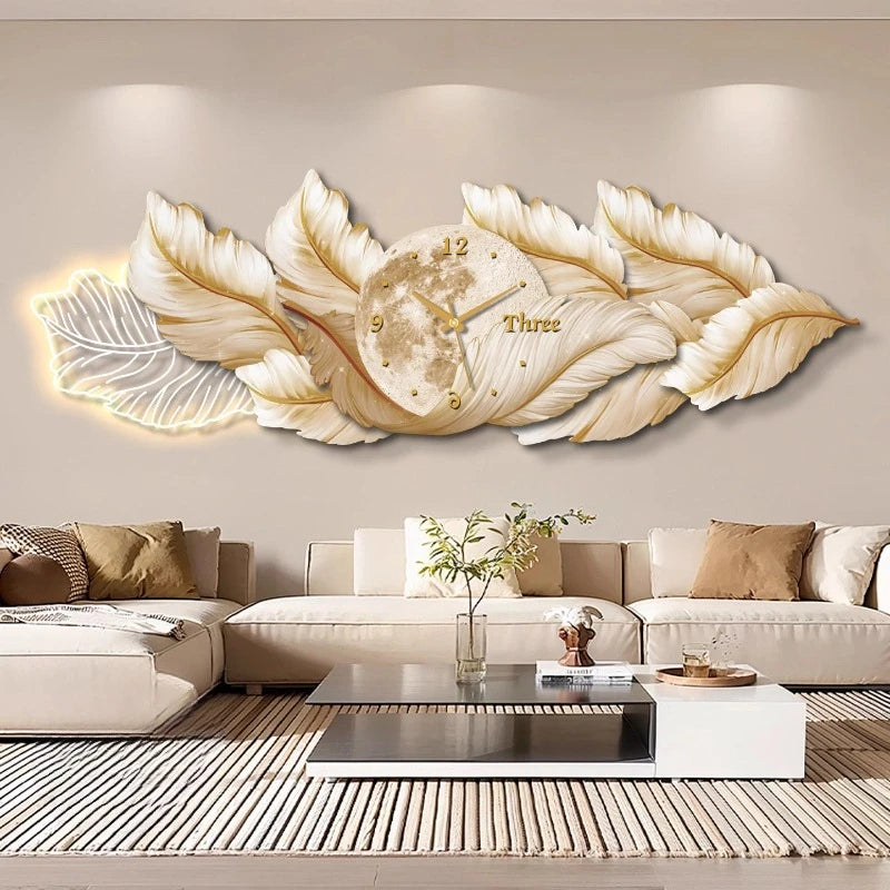 horloge murale moderne décorative feuilles stylisées effet marbré blanc noir or