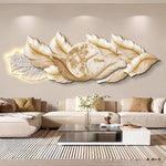 horloge murale moderne décorative feuilles stylisées effet marbré blanc noir or