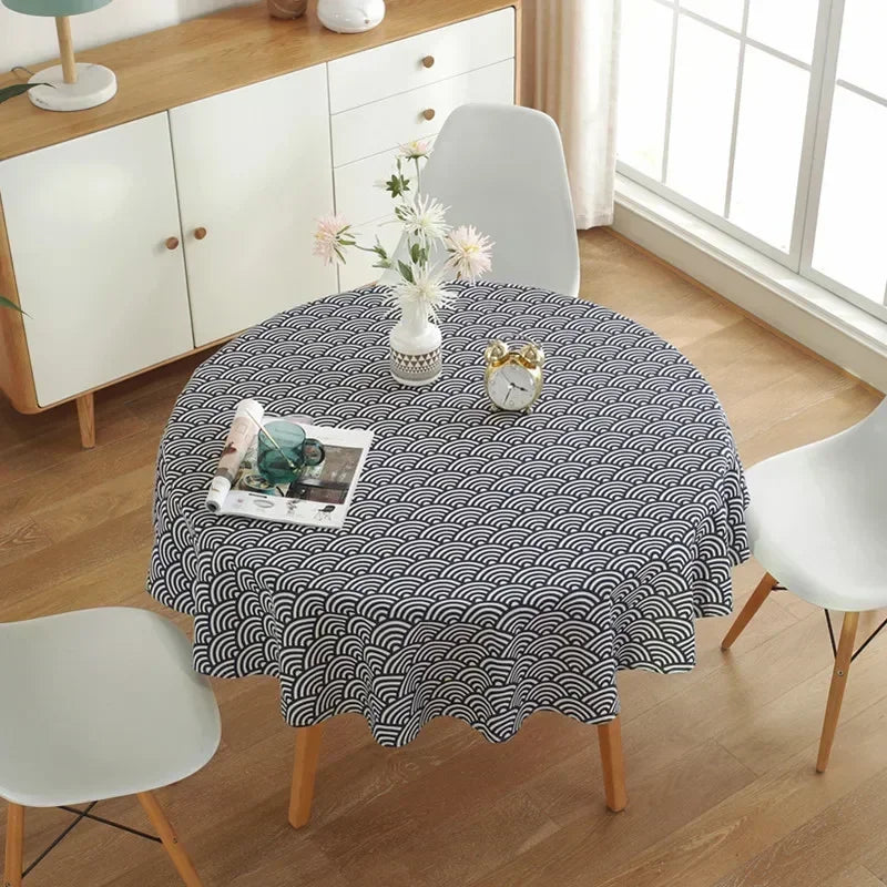 nappe table ronde motif géométrique moderne jaune gris bleu vert blanc décoration maison