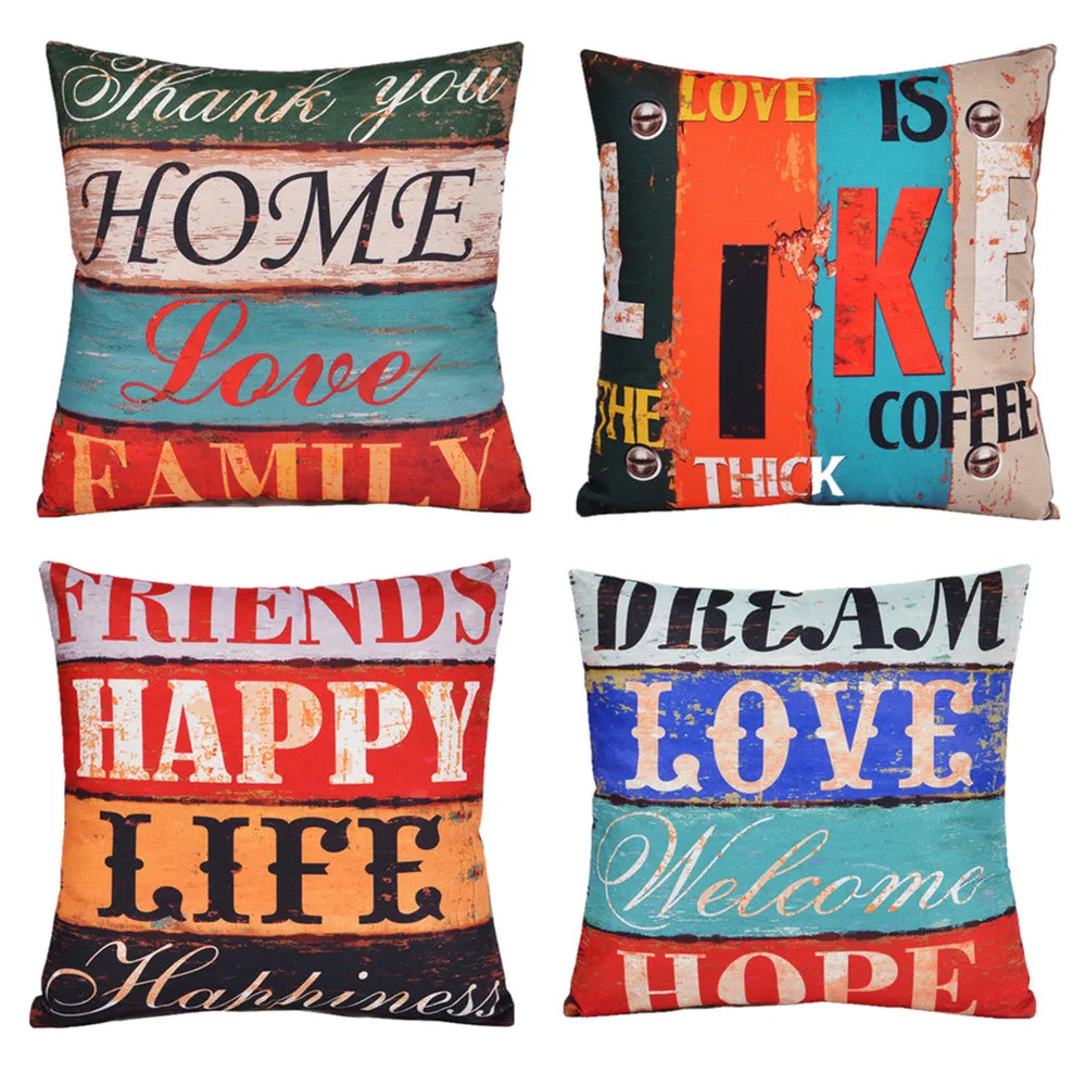 housse coussin vintage carré multicolore lettres relief coton lin décoration canapé chaise voiture lit