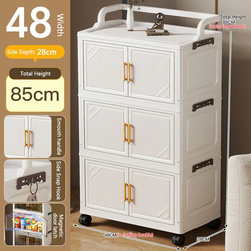meuble rangement pliable blanc roulettes portes poignées dorées vêtements