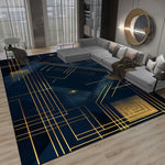 Tapis de sol moderne avec motifs géométriques dorés sur fond bleu foncé, créant une atmosphère élégante et contemporaine dans le salon.