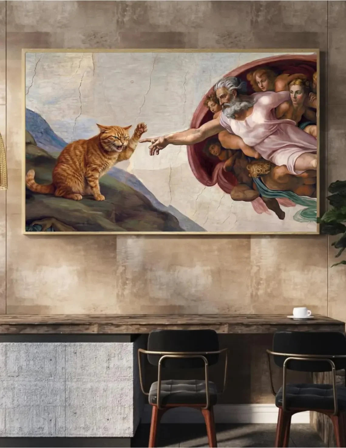 tableau encadré creation adam ange chat decor mural classique religieux beige blanc marronclair vert
