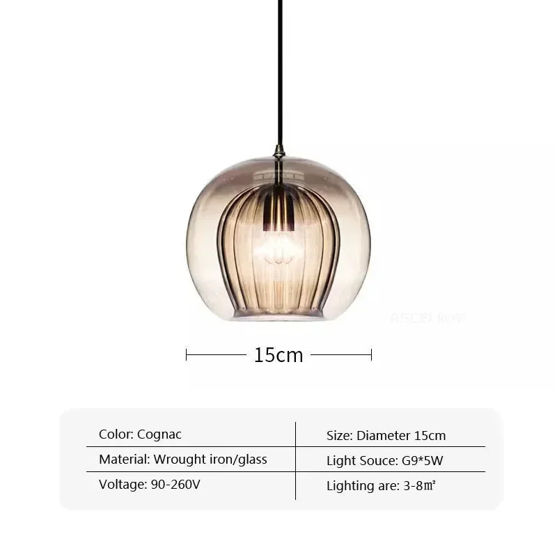suspension lumineuse moderne cognac clair gris transparent rayures verticales ampoule g9 5w chaîne métallique