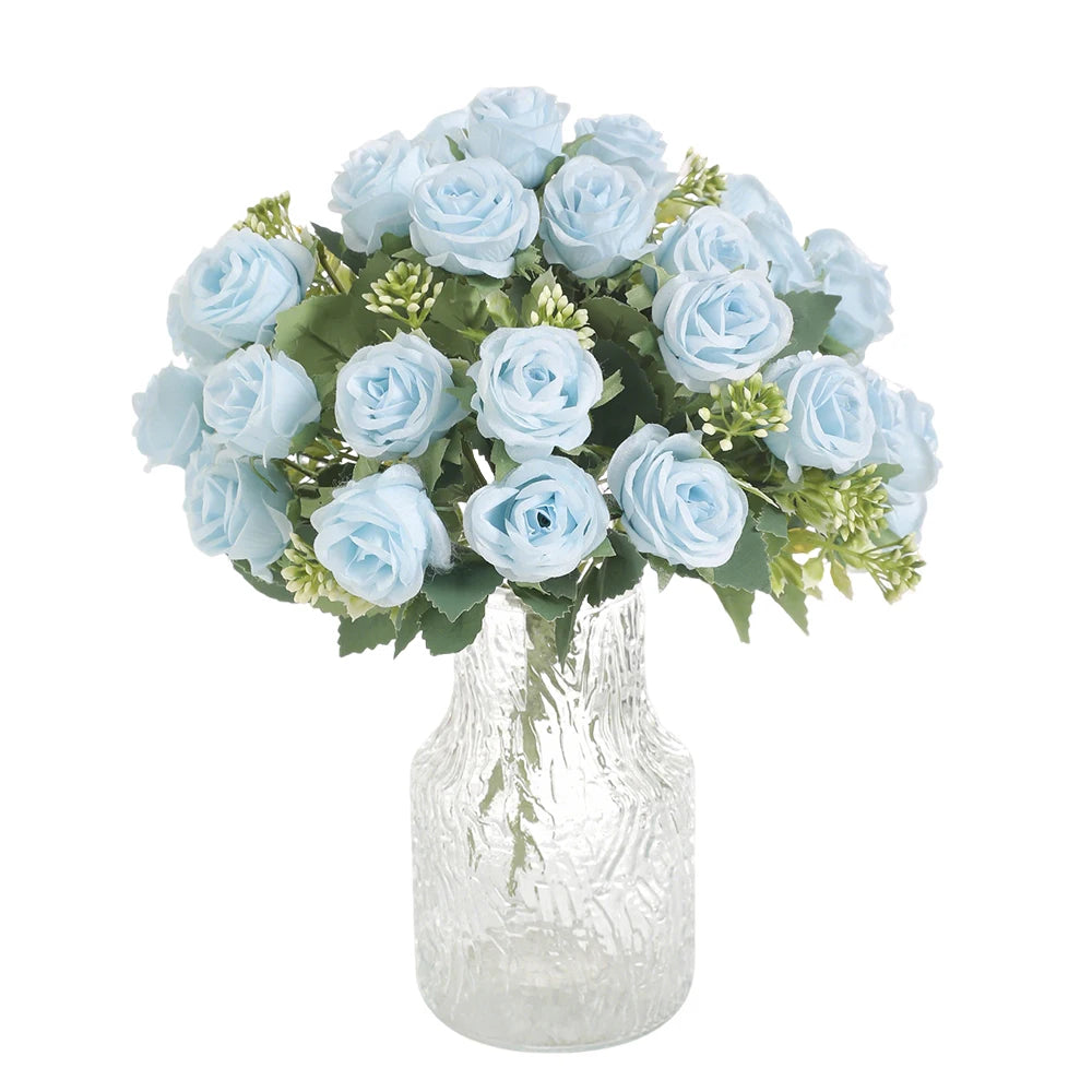 Bouquet artificiel roses bleu clair blanc décoration mariage anniversaire intérieur vintage élégant