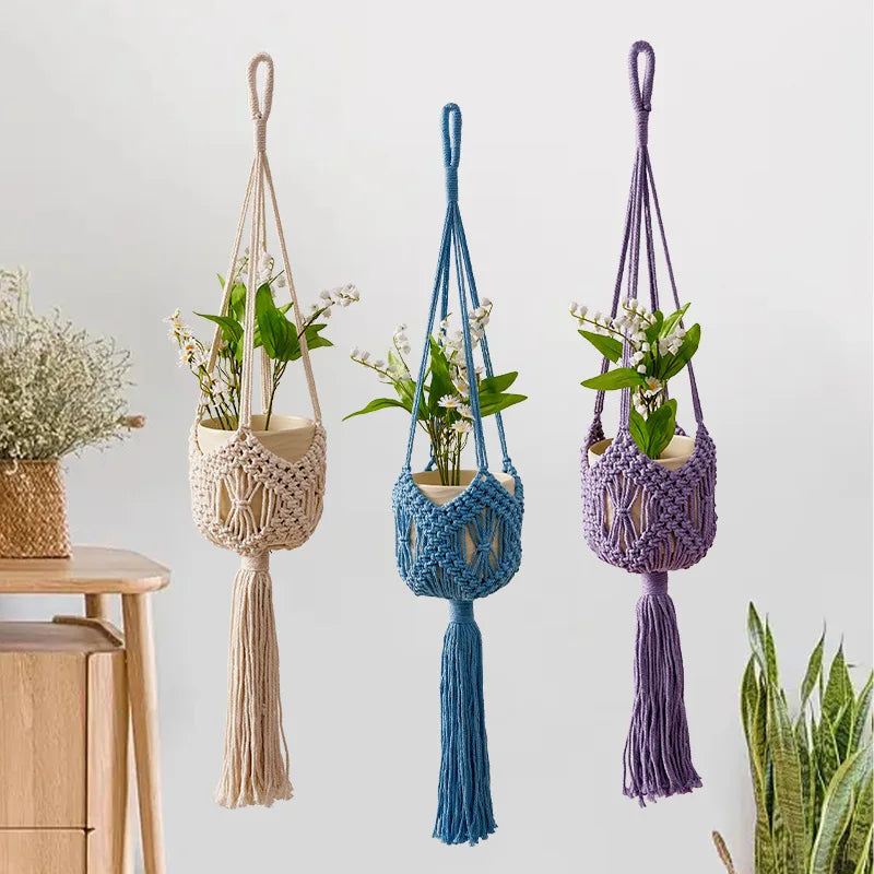 supports plante macramé tissé main motifs géométriques boho couleurs violet bleu beige vert
