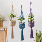 supports plante macramé tissé main motifs géométriques boho couleurs violet bleu beige vert