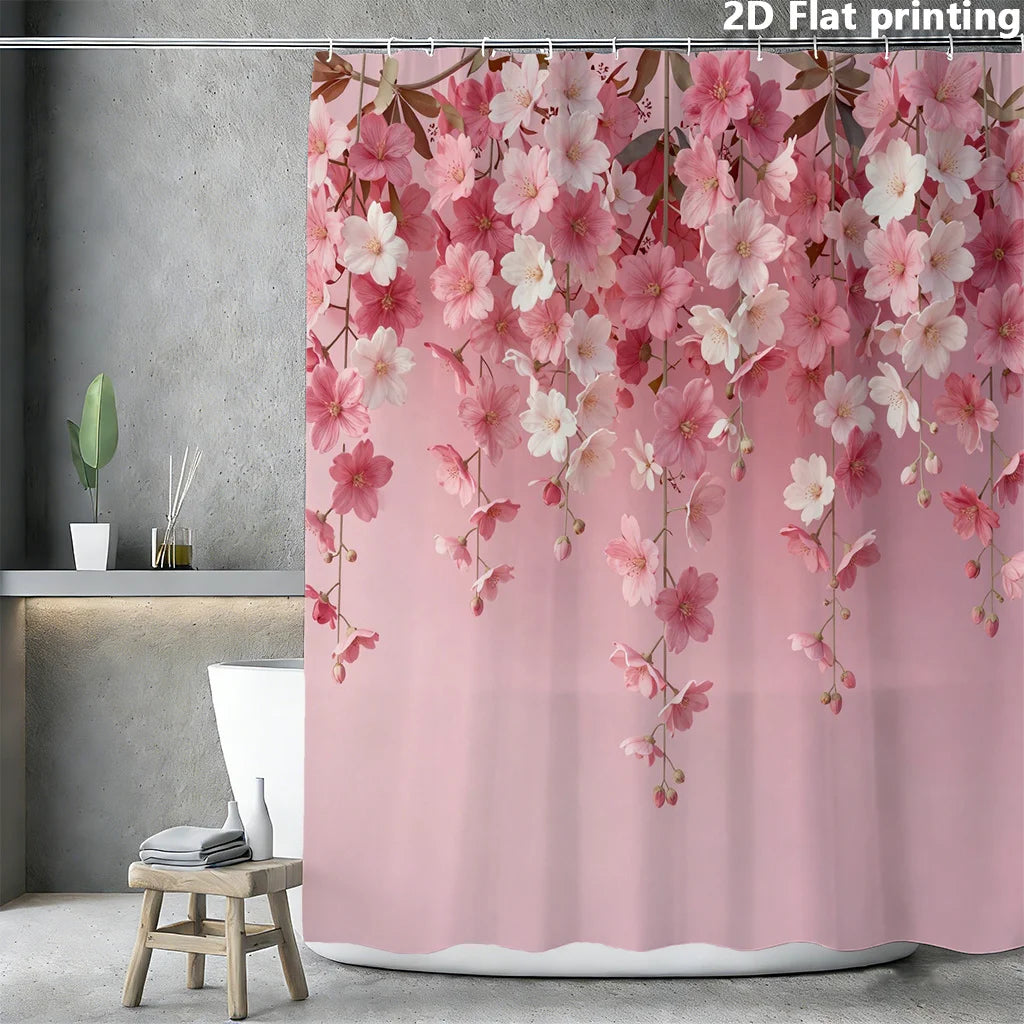 rideau douche moderne floral fleurs roses blanches polyester ourlet standard 120x180cm 150x180cm 180x180cm 90x180cm