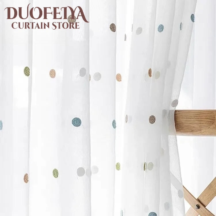 rideau tulle brodé points moderne transparent anneaux polyester blanc marron bleu vert