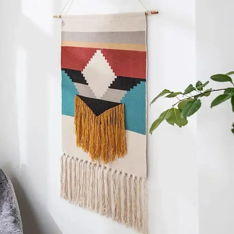 tapis suspendus géométrique franges moderne beige rose bleu vert noir gris