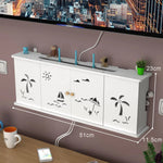 meuble rangement mural blanc bambou prises électriques étagères cable wifi