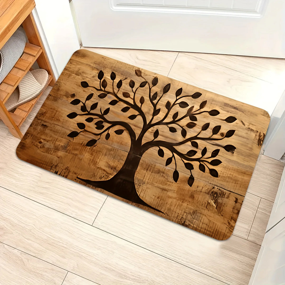 tapis sol rustique arbre stylisé texture bois brun clair noir salon bain imperméable antidérapant