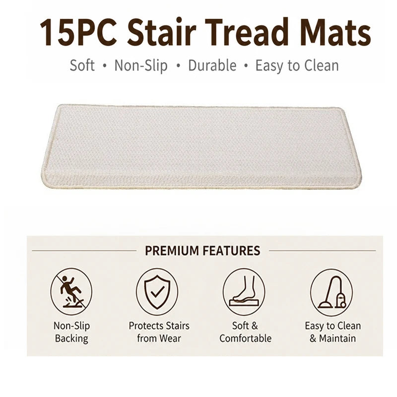 tapis d'escalier moderne antidérapant 15 pièces adhésif beige clair texture tissée polyester