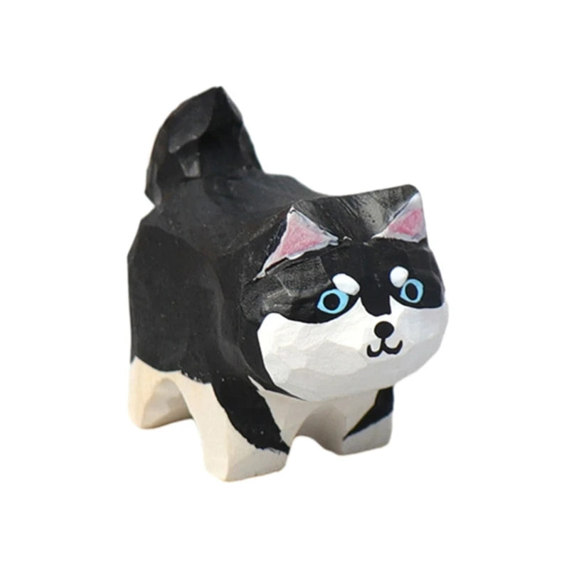statue animale bois figurine bleu rose motif floral minimaliste yeux stylisés petite deco