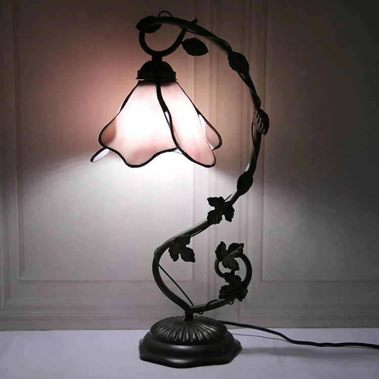 lampe table art nouveau tiffany rose bronze bleu feuilles branches verre texturé 20 pouces