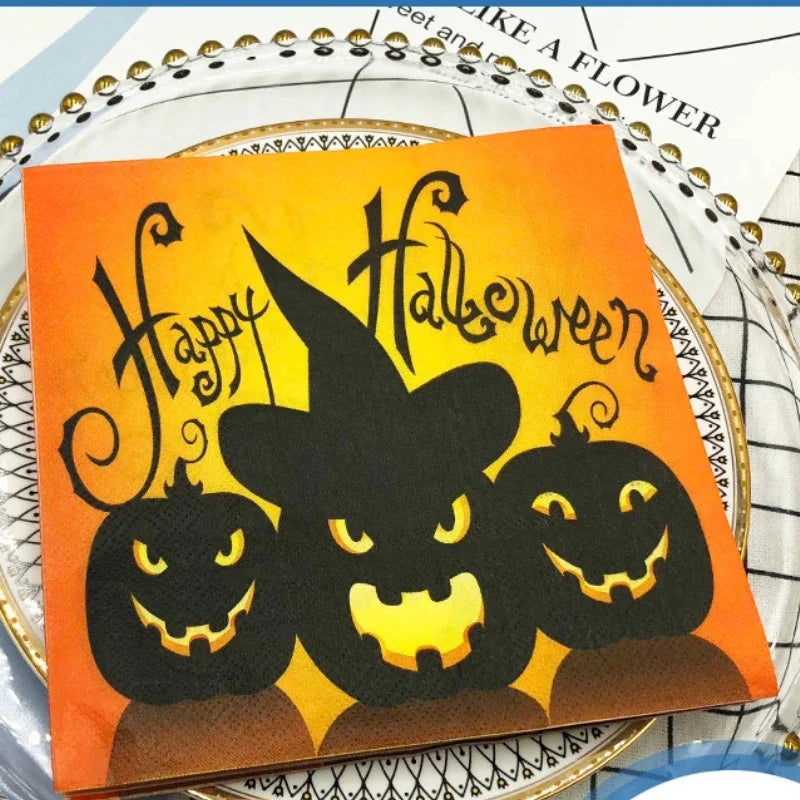 serviettes halloween citrouille sorcière happy halloween orange noire motifs papier decoratif set table decoration