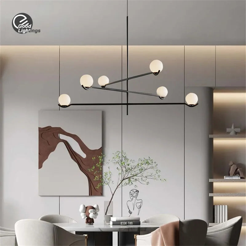 suspension lumineuse moderne sphères translucides structure métallique noir blanc minimaliste plafonnier led contemporain