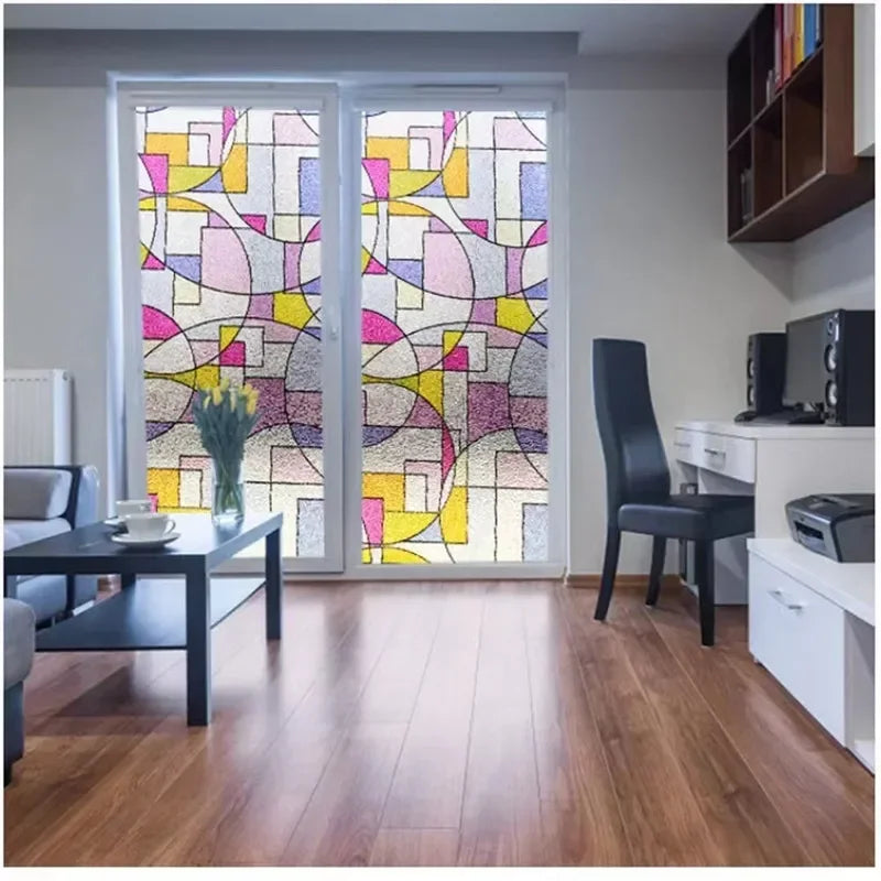 film décoratif fenêtre géométrique multicolore moderne adhésif intimité thermique UV