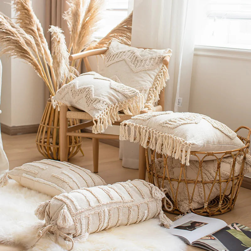 coussin boho chic brodé franges polyester beige décoratif rectangle 45x45cm