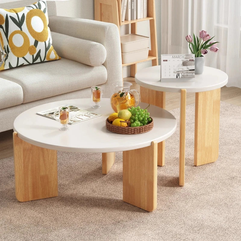 table basse moderne minimaliste bois blanc plateau lisse pieds naturels magazine vase fruits panier
