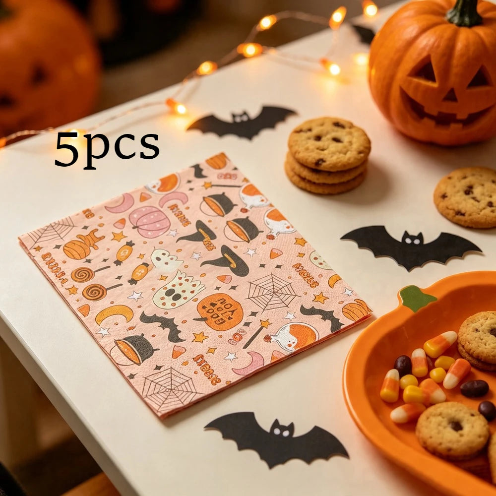 serviettes papier halloween fantômes citrouilles araignées rose clair orange noire festives table 33cm pack